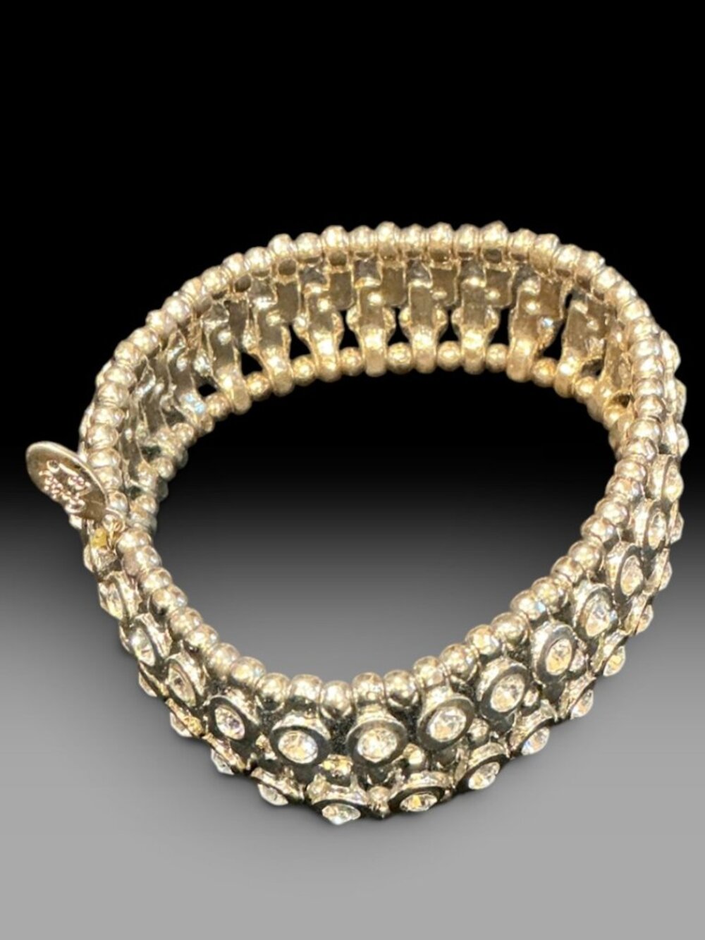 Vintage Cookie Lee Rhinestone Stretch Bracelet Silver Tone Wide Statement 6.75”